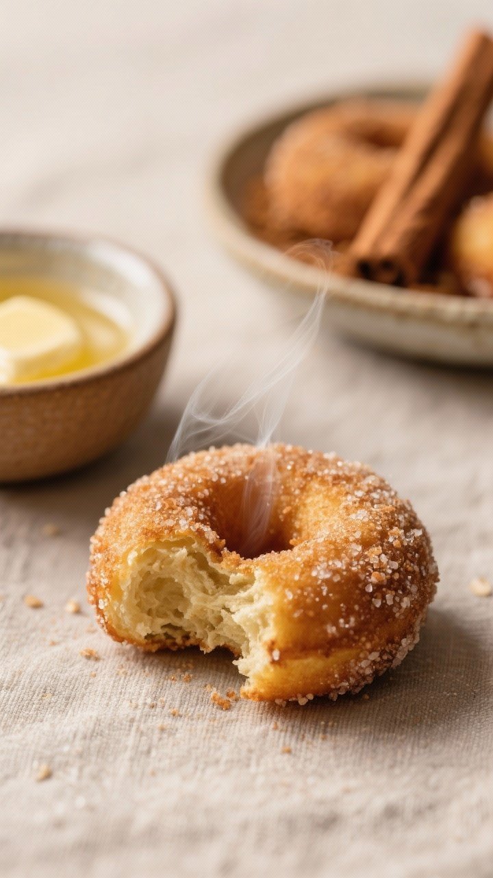 Close-up detail shot of warm cinnamon sugar oat flour donut holes just coated: a small bowl of melte
