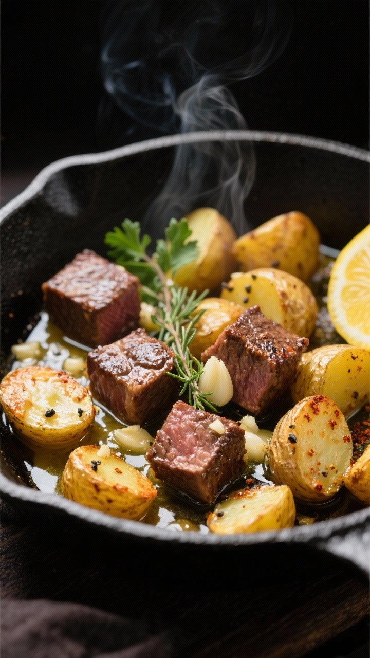 Close-up detail shot: Sizzling garlic butter steak bites and crispy baby gold potatoes in a black ca