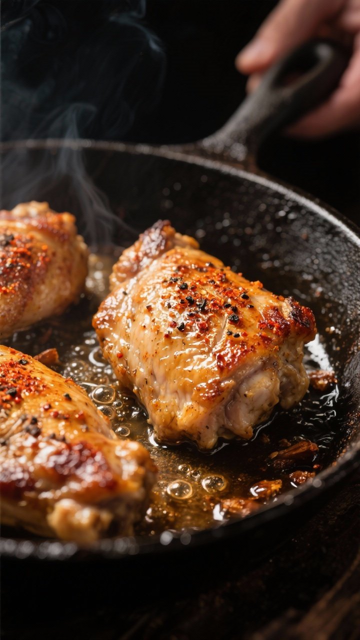 Close-up detail shot: Sizzling, golden-brown chicken thighs skin-side down in a cast-iron skillet du