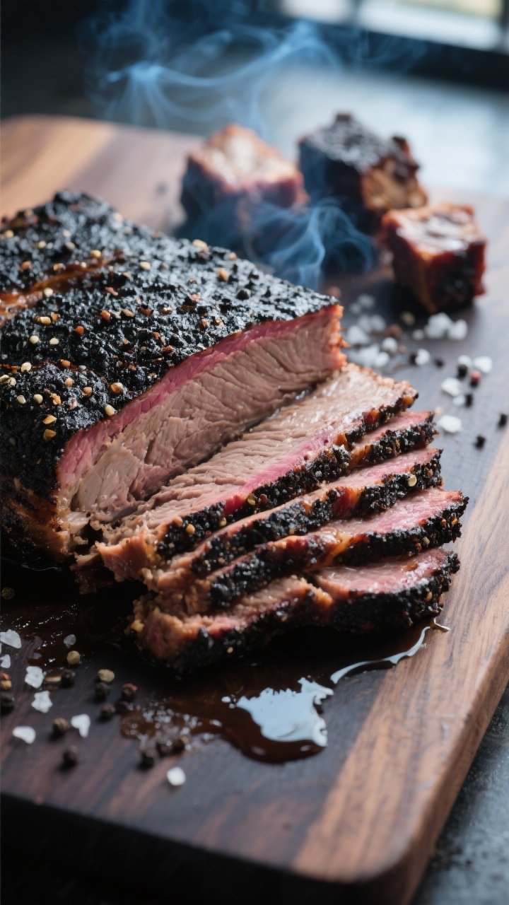 Close-up detail shot: Sliced Texas-style smoked brisket focusing on the flat, showing a thick, peppe