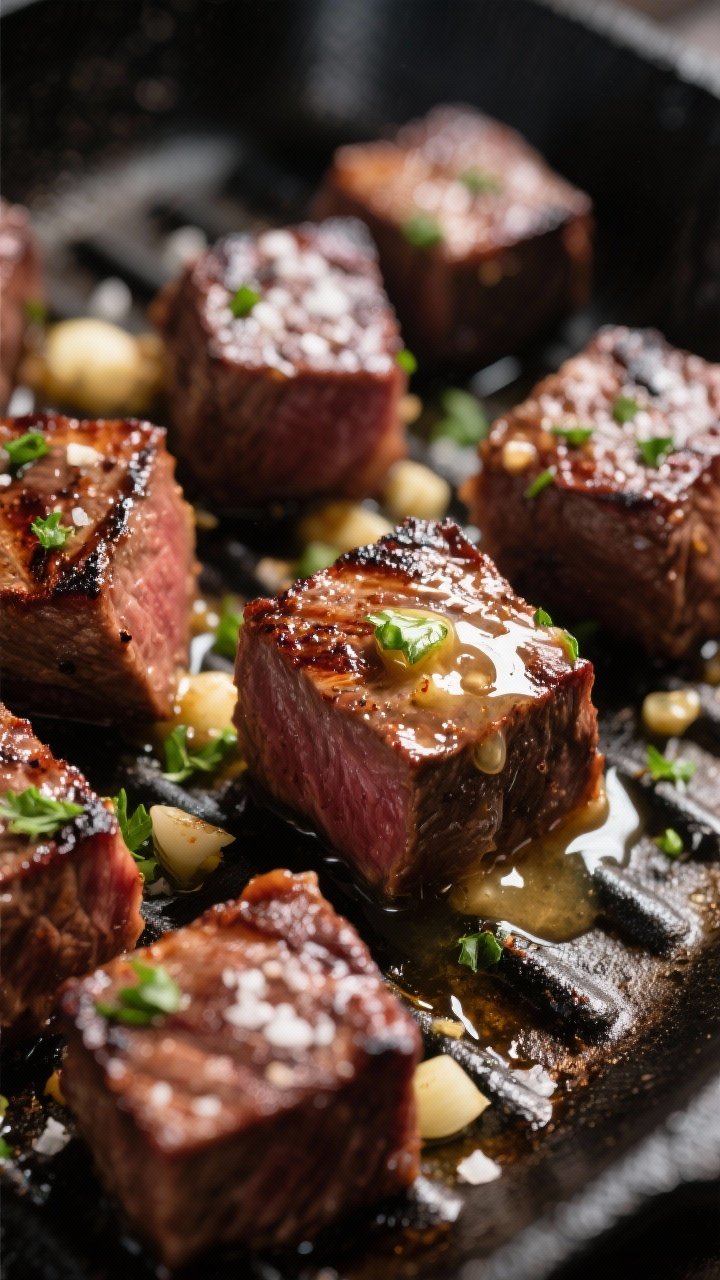 Close-up detail: Sizzling grilled steak bites just off the grates, deep mahogany sear on 1-inch cube