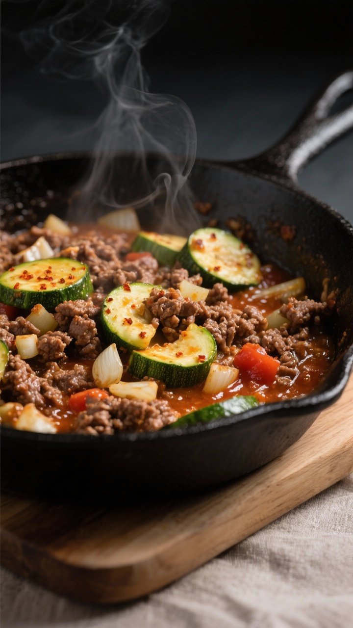 Close-up detail: Sizzling keto ground beef zucchini skillet mid-cook in a black cast-iron pan, brown