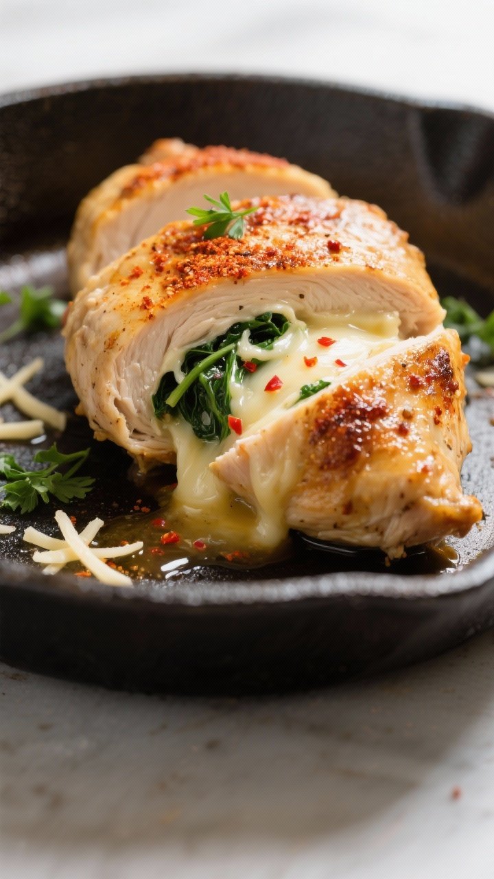 Close-up detail: Sliced cheesy spinach stuffed keto chicken just after resting, showing the juicy in
