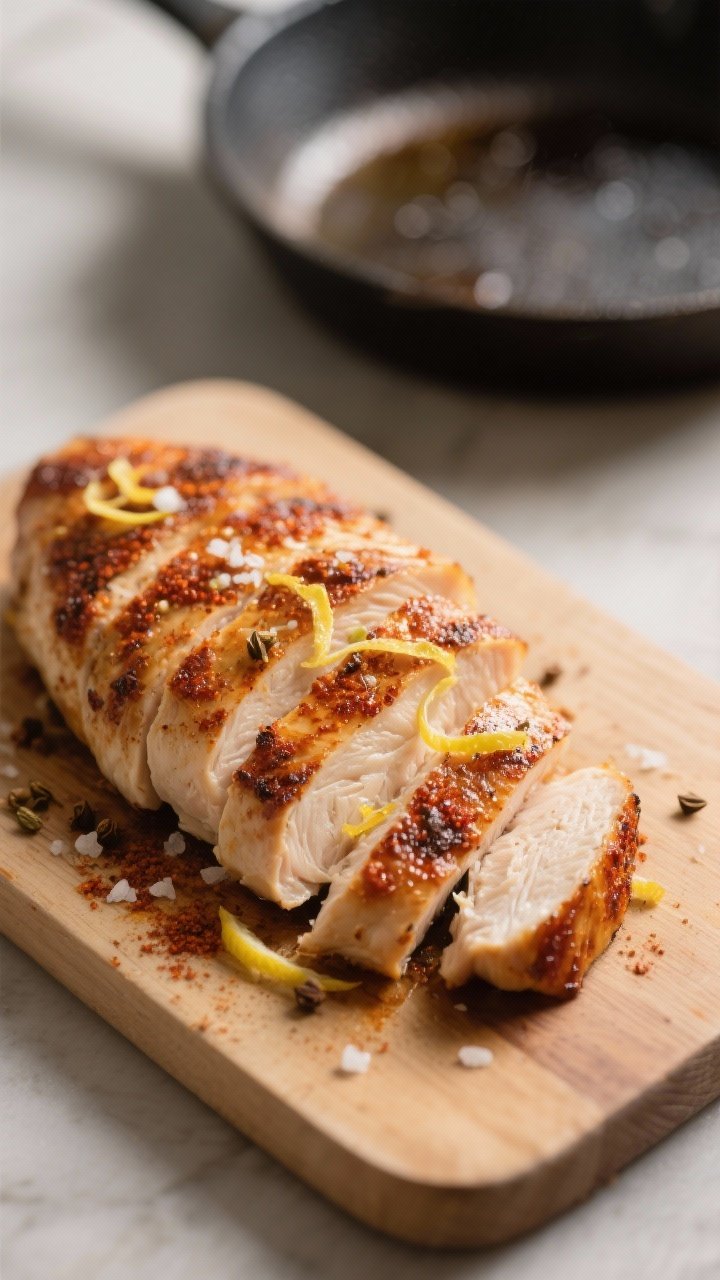 Close-up detail: Sliced seared chicken breast resting on a cutting board, edges caramelized with smo