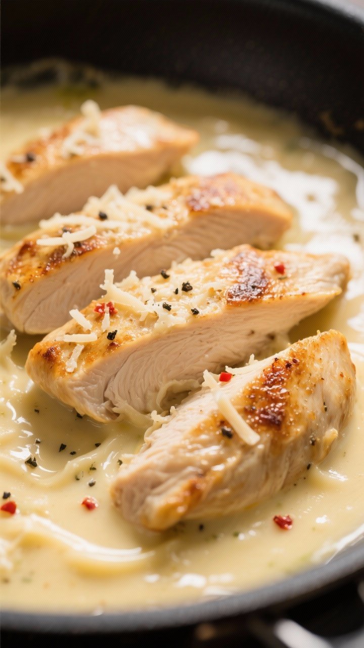 Close-up detail: Slices of golden pan-seared chicken breast resting in a glossy Alfredo sauce in the