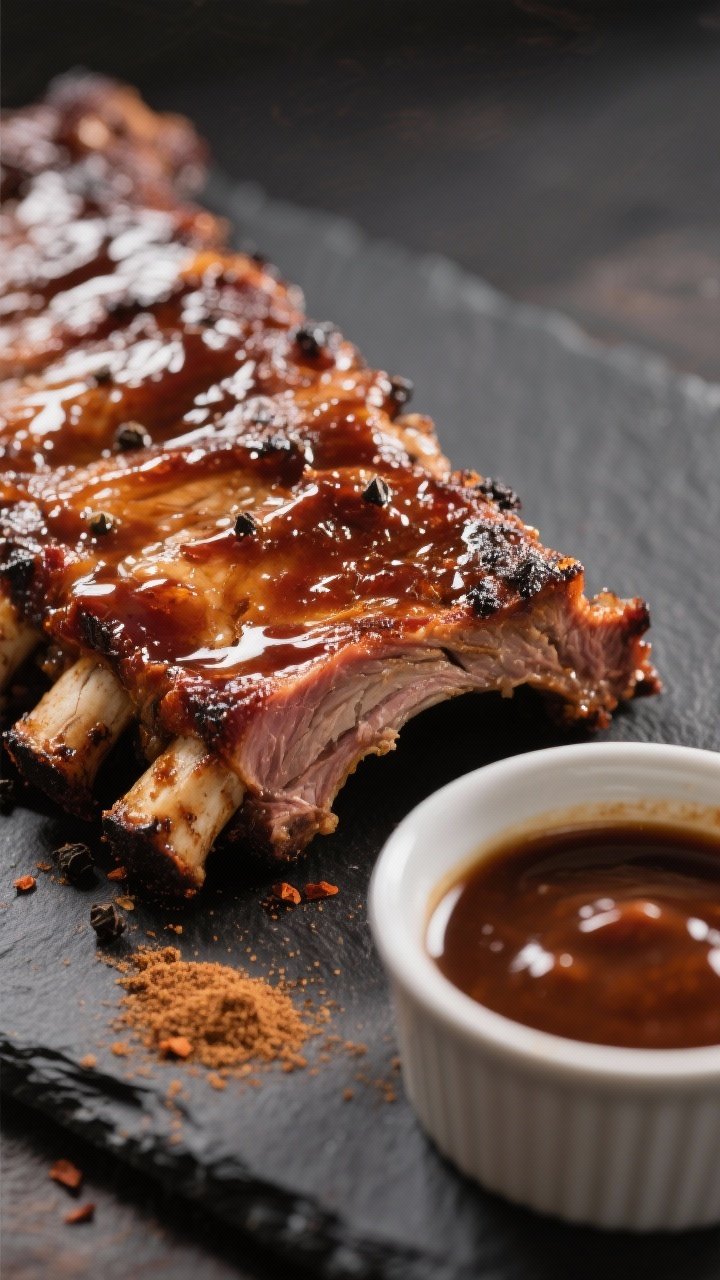 Close-up detail: Sticky, caramelized beef back ribs fresh from the oven, glaze bubbling and lacquere