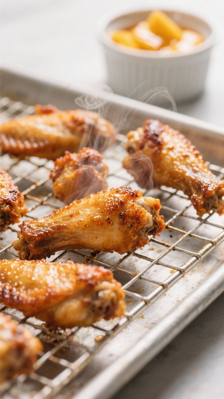 Close-up detail: Ultra-crisp baked chicken wings just out of the oven on a wire rack over a sheet pa