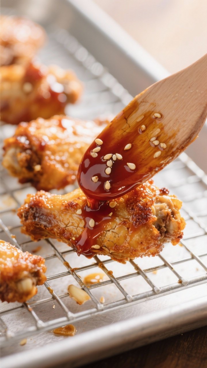 Close-up detail: Ultra-crispy baked Korean BBQ chicken wing just out of the oven, skin blistered and