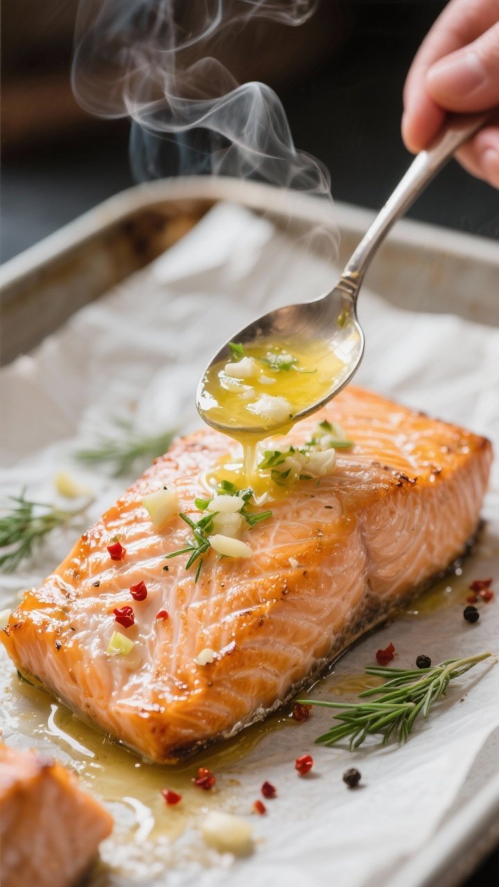 Close-up detail: Warm roasted salmon fillet just out of the oven with crisped edges and glossy, bare