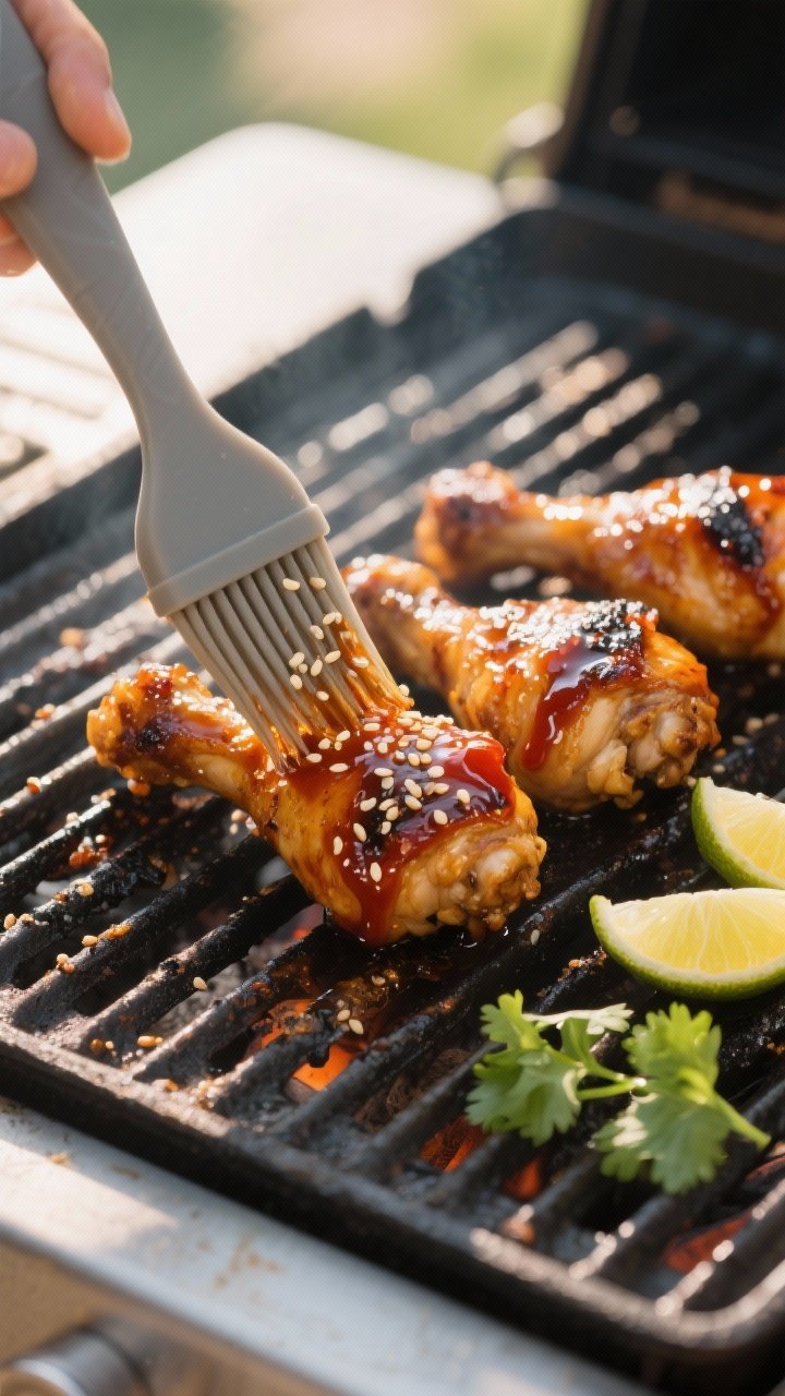 Close-up of honey sriracha glazed chicken drumsticks over direct grill heat, skin blistered and cara
