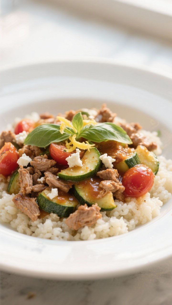 Close-up plated presentation: Close-up of a single-serve portion of the turkey zucchini skillet in a