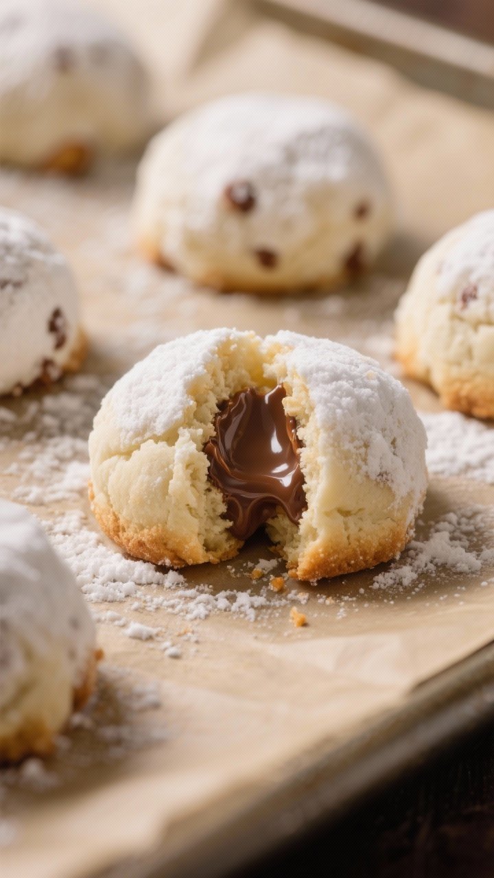 Close-up process shot: freshly baked Nutella-stuffed snowball cookies just out of the oven, tops pal