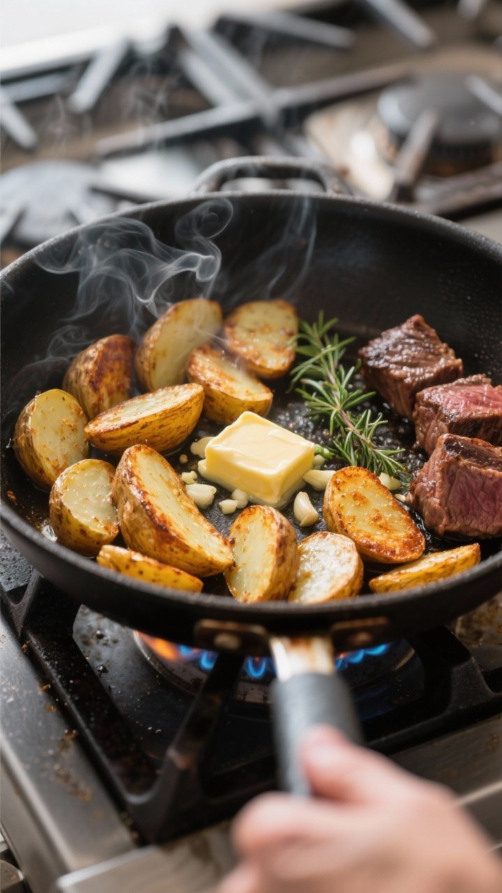 Cooking process action shot: Potatoes finishing in the skillet just after flipping—cut-sides now d