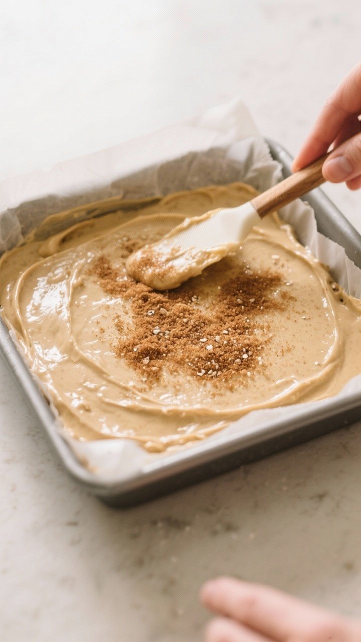 Cooking process: Batter being spread evenly into a parchment-lined 8-inch square pan, thick and glos