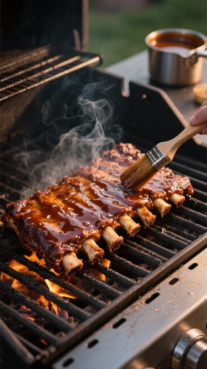 Cooking process: Beef ribs on a grill over direct heat, being finished and set with a thick brown su