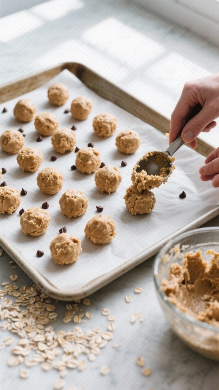 Cooking process: Chilled mixture being portioned and rolled into balls—scoops of thick, slightly s