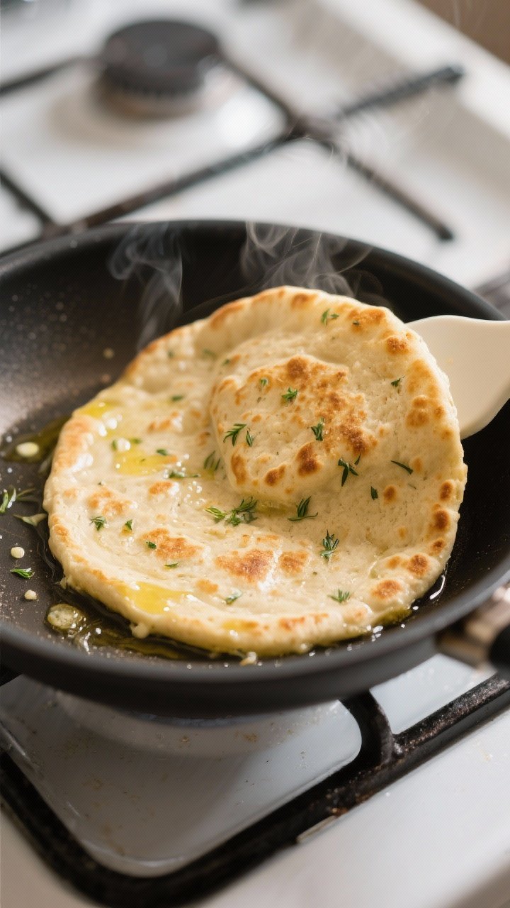 Cooking process close-up: A 6–7 inch keto coconut flour flatbread in a nonstick skillet mid-cook, 