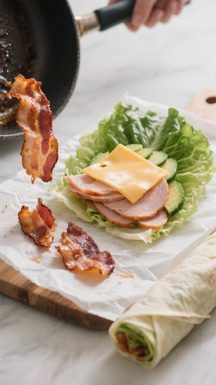 Cooking process close-up: Crisp bacon just off the pan, broken into neat halves and cooling on paper
