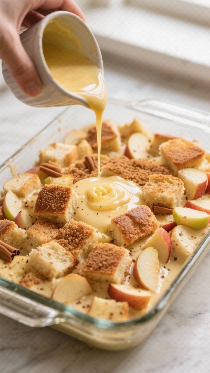 Cooking process close-up: Custard-soaked bread and apple mixture just poured into a buttered 9x13 ba