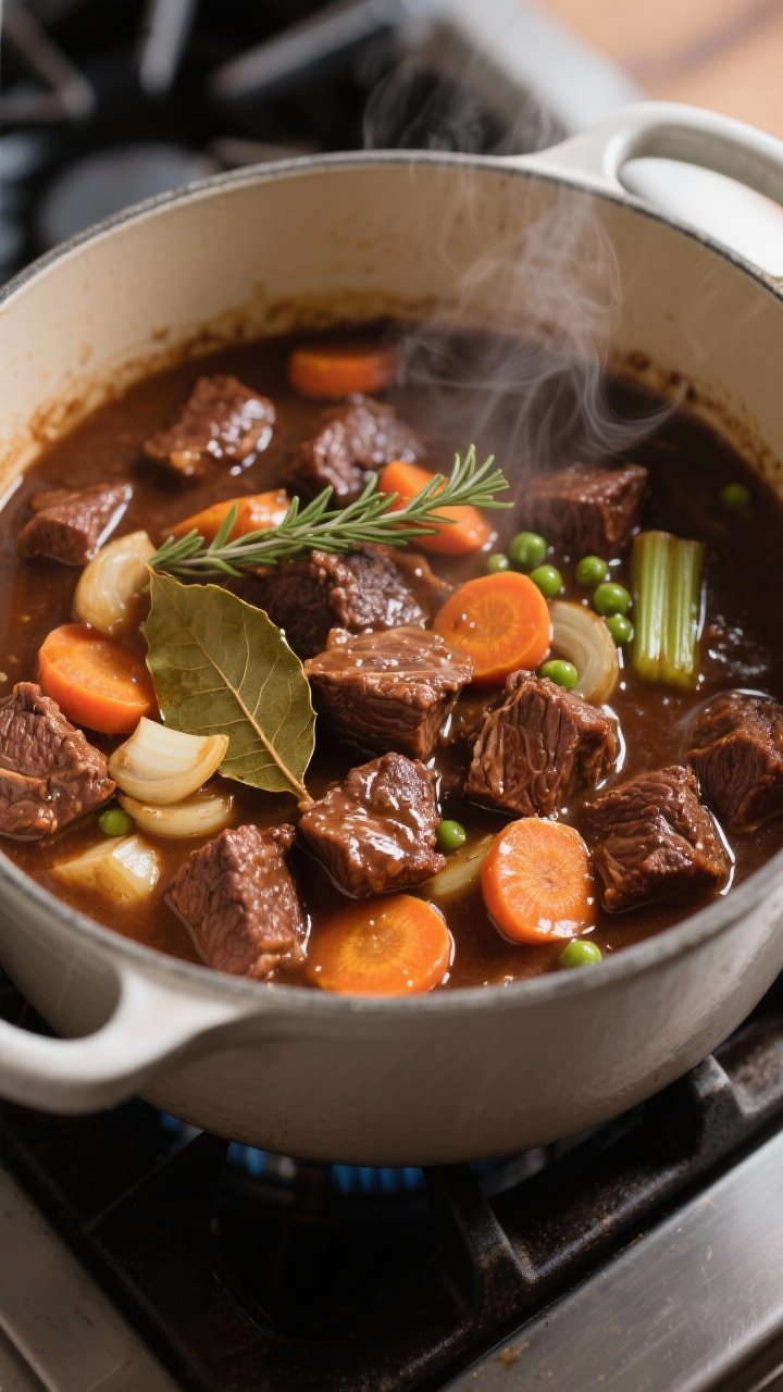Cooking process, close-up detail: Fall-apart beef stew simmering in a heavy Dutch oven, glossy, rich