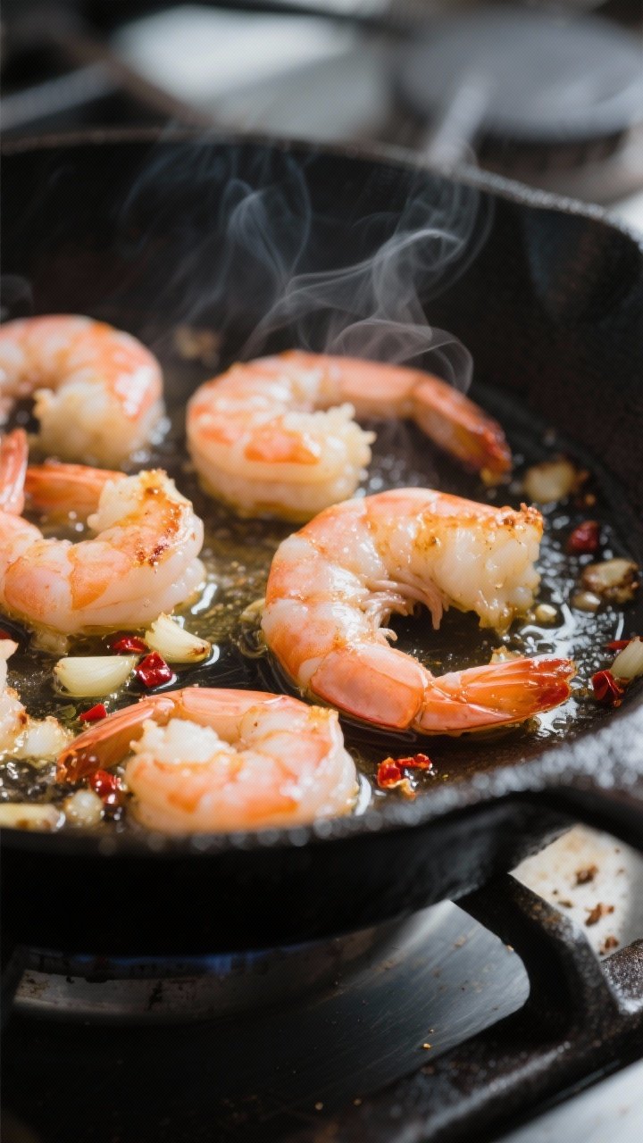 Cooking process, close-up detail: Searing large shrimp in a black cast-iron skillet, shrimp just tur