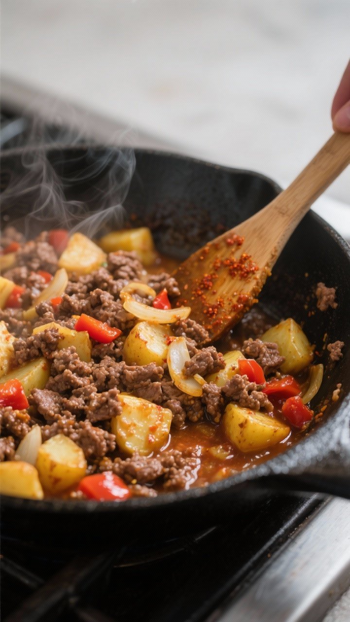 Cooking process, close-up detail: Sizzling one-pan ground beef and potatoes in a large black skillet