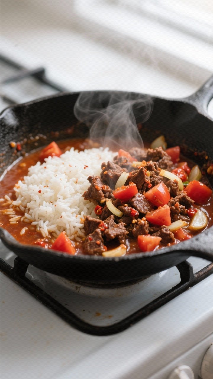 Cooking process close-up: In-pan beef and rice skillet mid-simmer, steam rising as long-grain white 