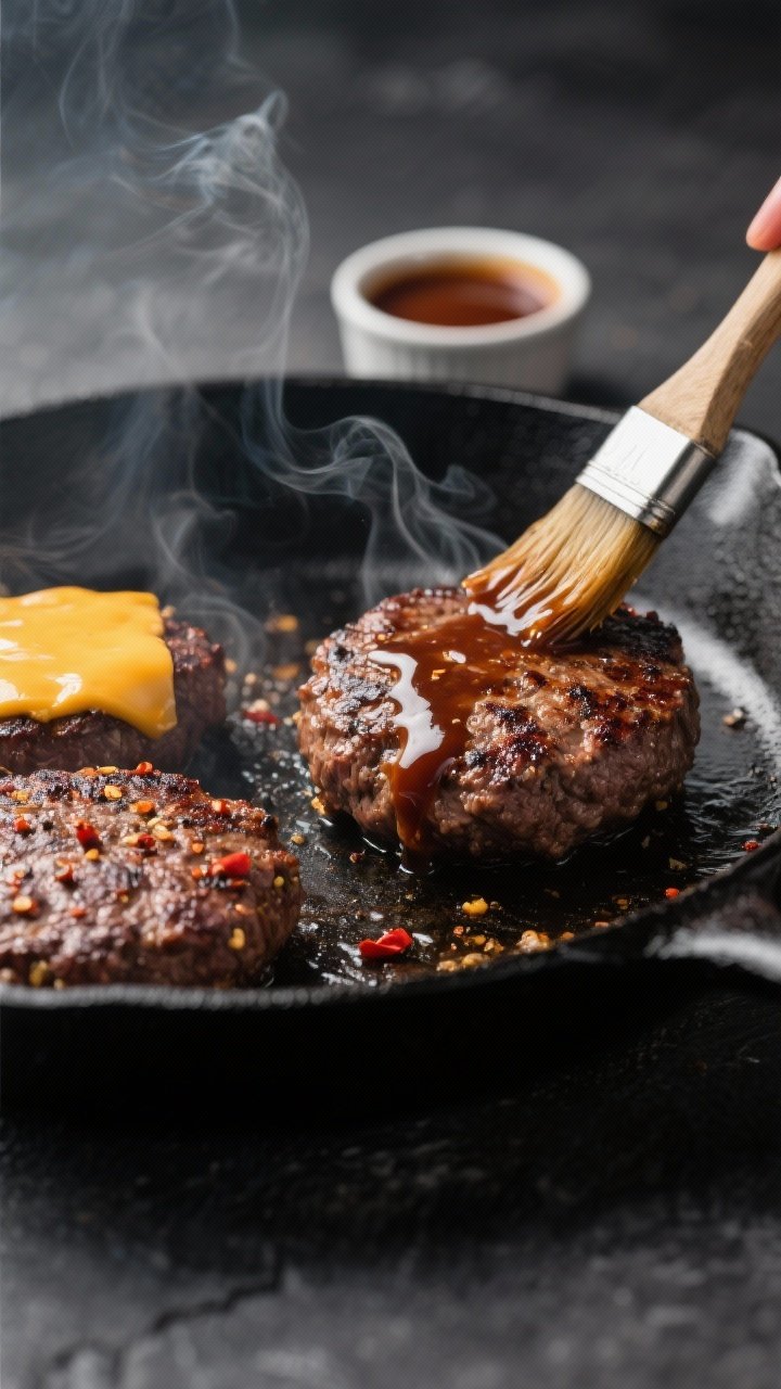 Cooking process close-up: Juicy beef patties sizzling on a cast-iron skillet, surface developing a d