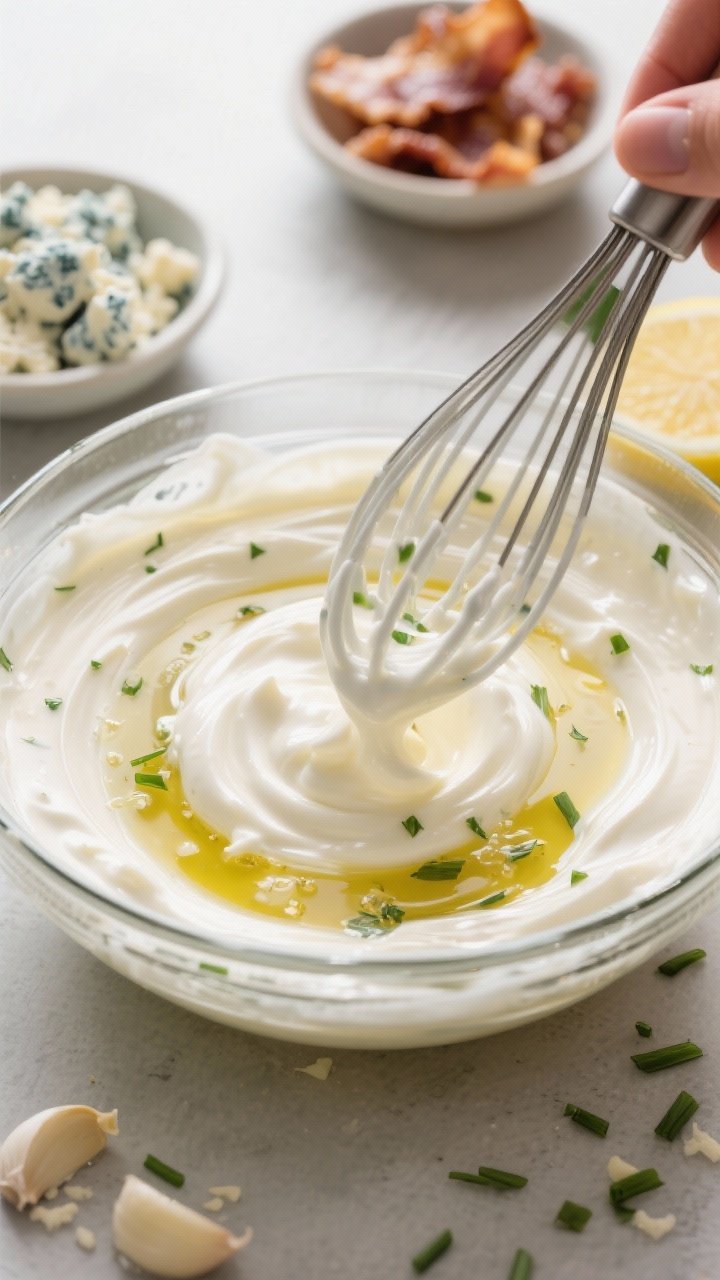 Cooking process: Creamy keto dressing being whisked to a silky, glossy emulsion in a clear glass bow