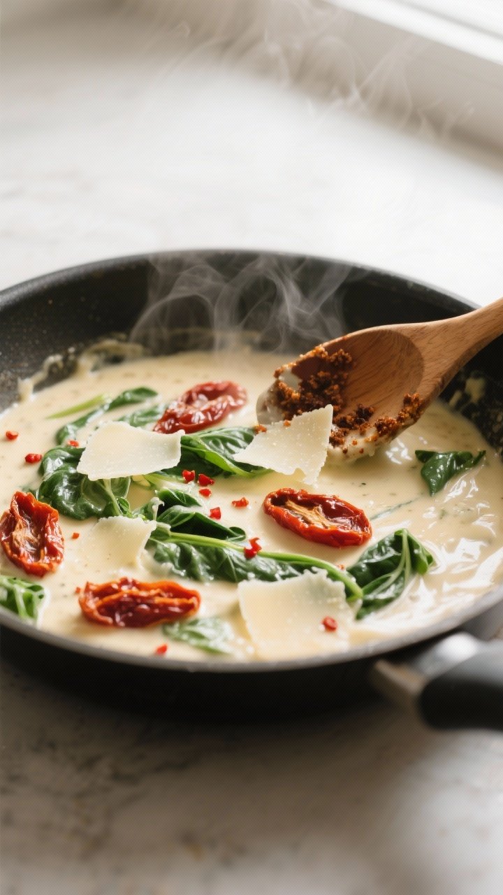 Cooking process: Creamy Tuscan sauce simmering in the skillet—silky cream base with ribbons of mel