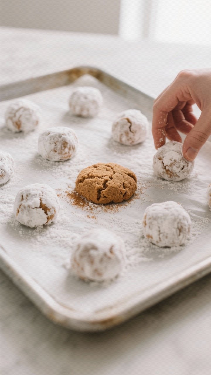 Cooking process: Dough balls rolled in cinnamon sugar then lightly in powdered sugar being arranged 