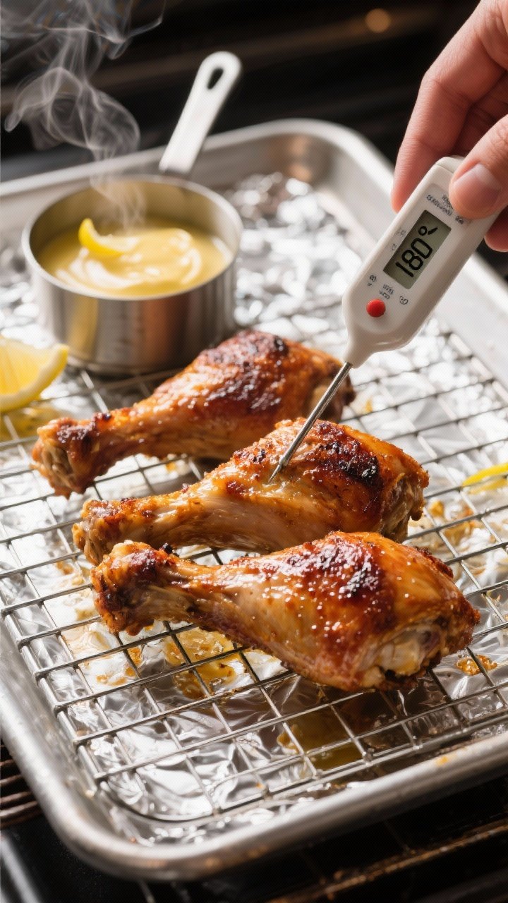 Cooking process: Drumsticks on a wire rack over a foil-lined sheet pan at the broil/finish stage, sk