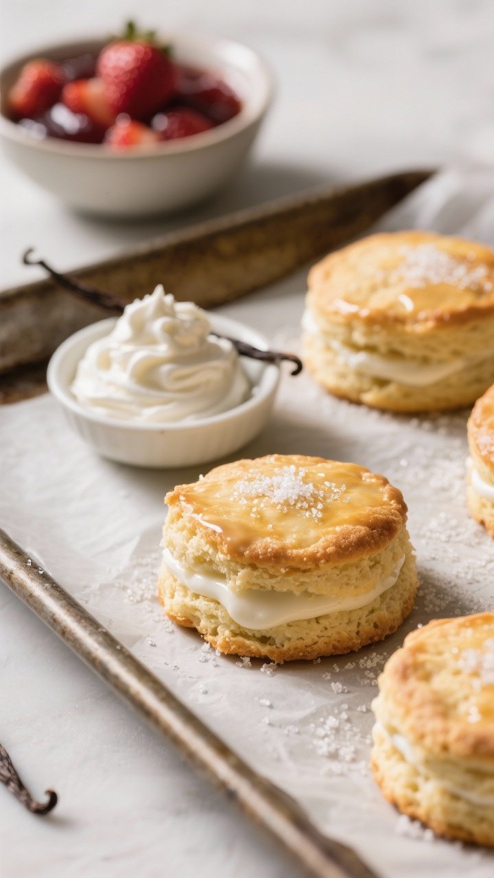 Cooking process: Flaky shortcake biscuits fresh from the oven on a parchment-lined tray, golden tops