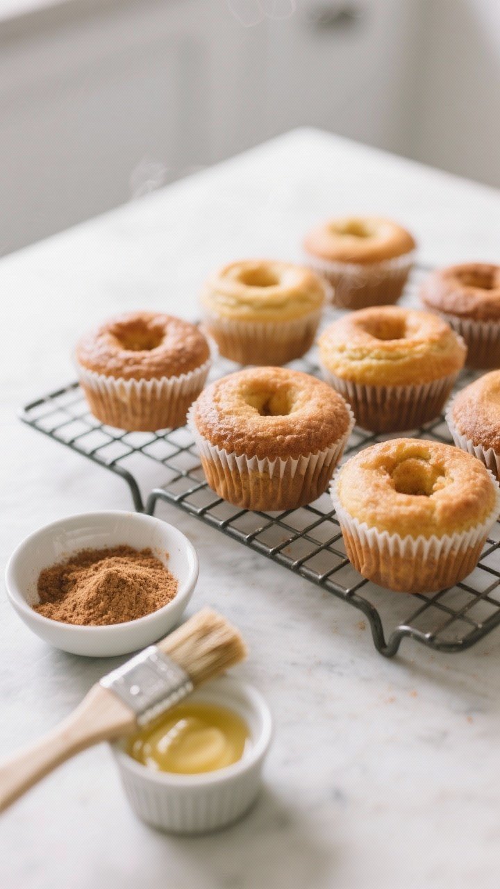 Cooking process: Freshly baked donut muffins cooling on a wire rack, still in some lightly greased c
