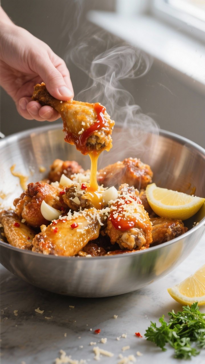 Cooking process: Hot wings being tossed in a large stainless-steel bowl with glossy buttery garlic-P