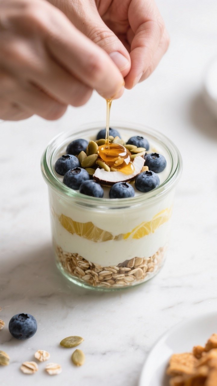 Cooking process: Layering the assembled dessert in a clear glass jar—first a base of toasted oats,