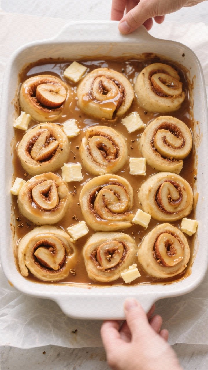 Cooking process: Overhead shot during assembly after par-bake—hot, saucy apple layer in a buttered