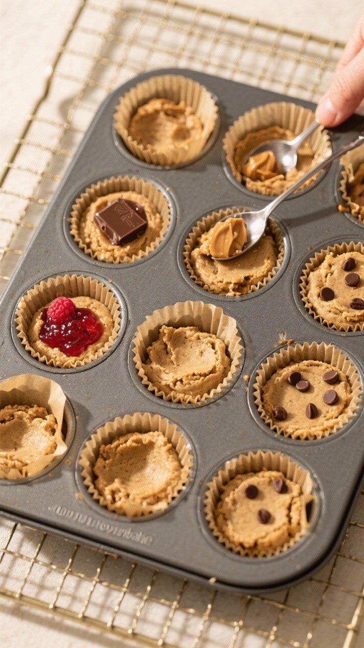 Cooking process: Overhead shot of a 12-cup muffin tin filled with portioned cookie dough, each cup g