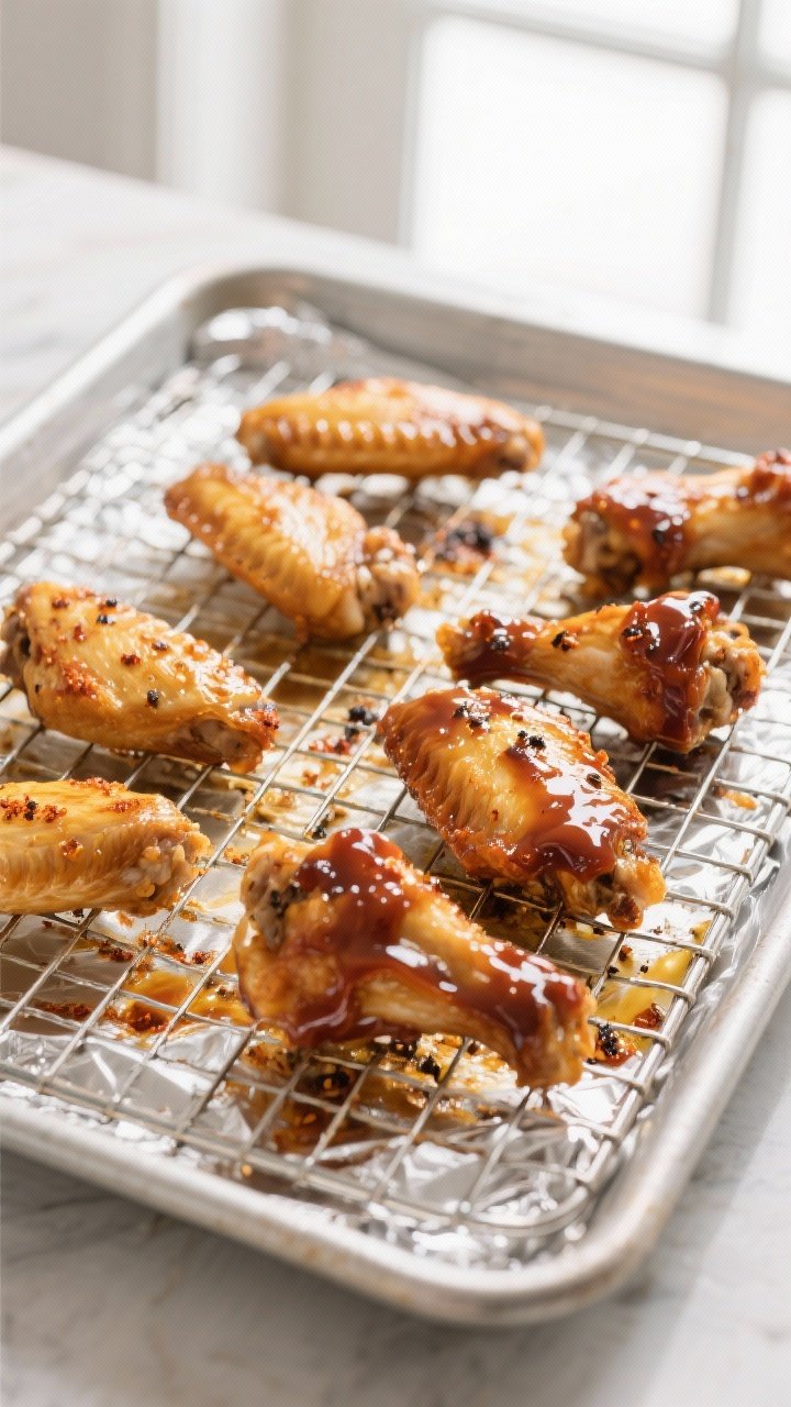 Cooking process: Overhead shot of baked wings on a wire rack set over a foil-lined sheet pan, mid-to
