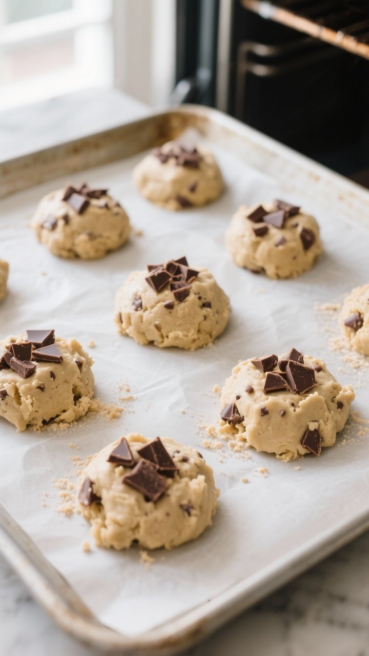 Cooking process: Overhead shot of cookie dough mounds (40–45 g each) spaced on a parchment-lined s