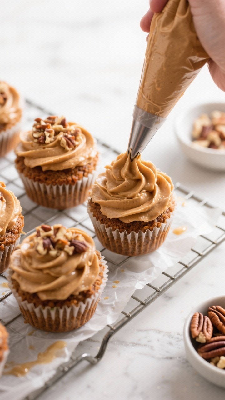 Cooking process: Overhead shot of cooled carrot cake cupcakes on a wire rack being frosted with a la
