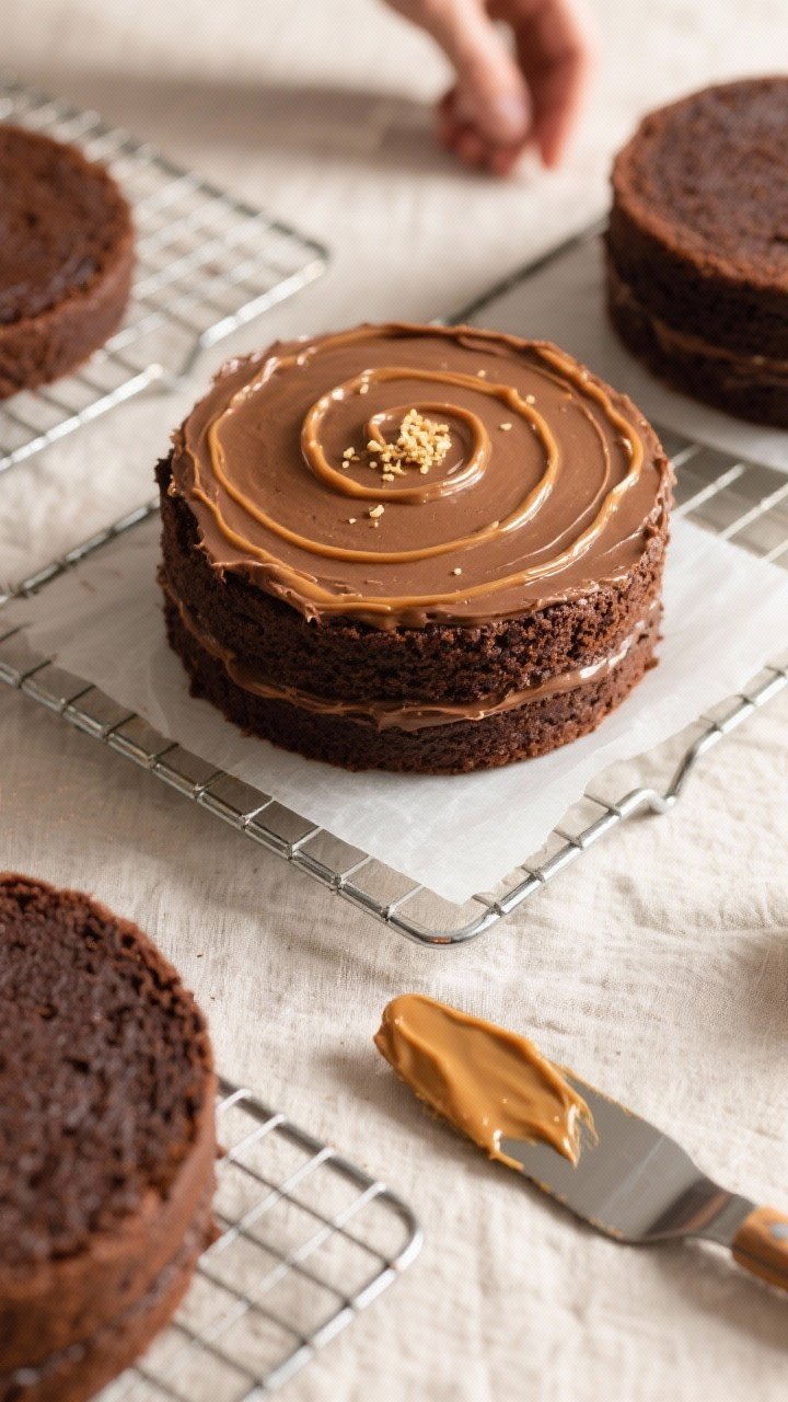 Cooking process: Overhead shot of cooled, unfrosted chocolate cake layers on wire racks during assem