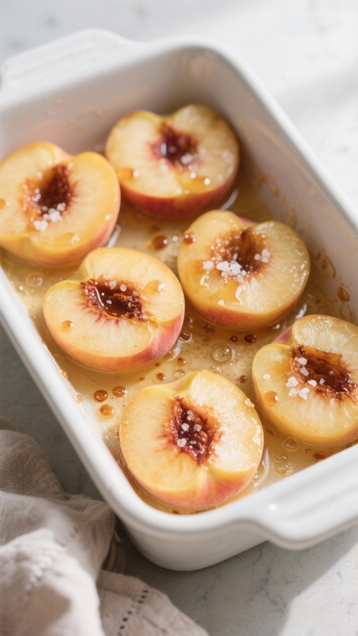 Cooking process: Overhead shot of peach halves arranged cut-side up in a snug white baking dish mid-