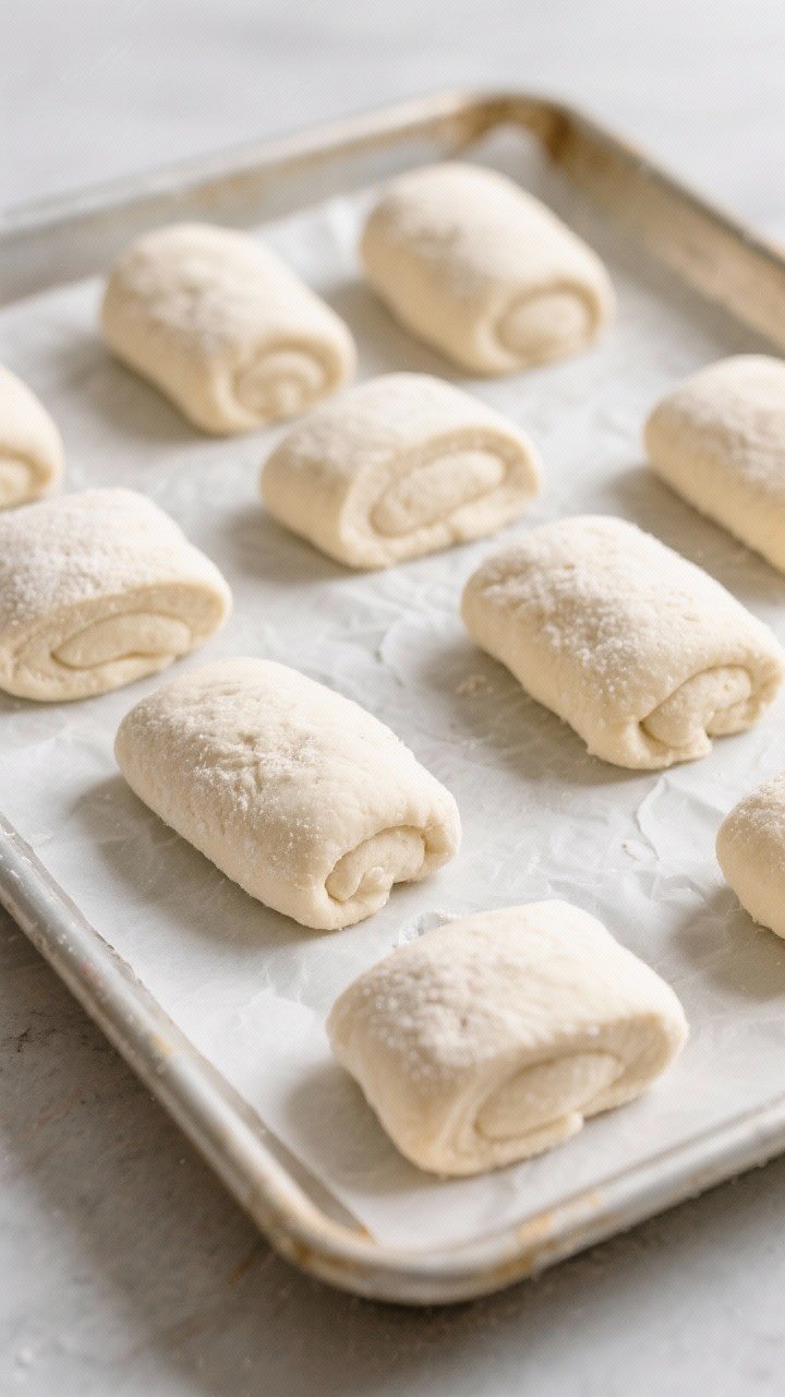 Cooking process: Overhead shot of shaped dough portions for coconut flour rolls on a parchment-lined
