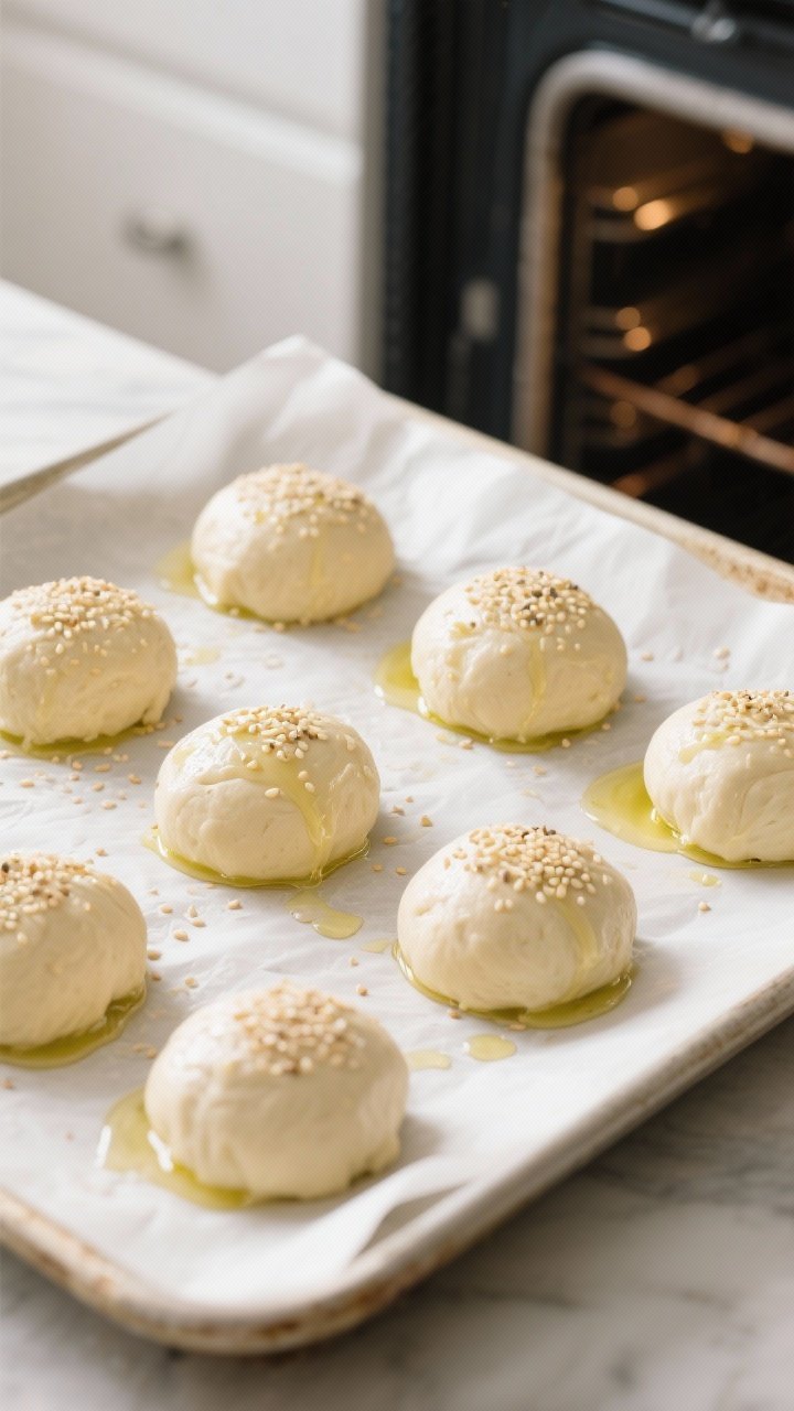 Cooking process: Overhead shot of shaped Fathead dough balls on a parchment-lined baking sheet right