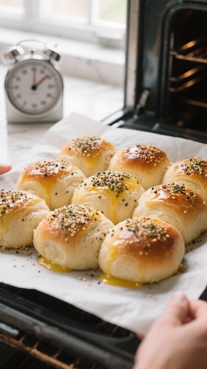 Cooking process: Overhead shot of shaped keto dinner roll dough balls on parchment, brushed with egg