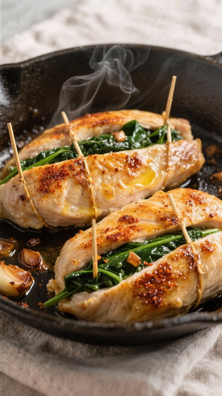 Cooking process: Overhead shot of stuffed chicken breasts in an oven-safe skillet right after a quic