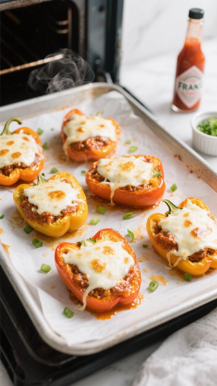 Cooking process: Overhead shot of stuffed pepper halves coming out of the oven at 375°F on a 9x13 p