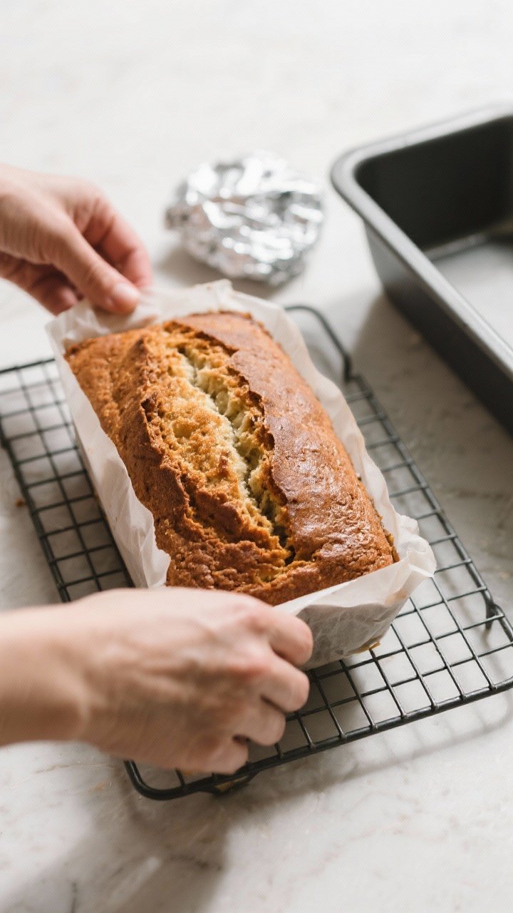 Cooking process: Overhead shot of the baked loaf just lifted out with a parchment sling onto a cooli