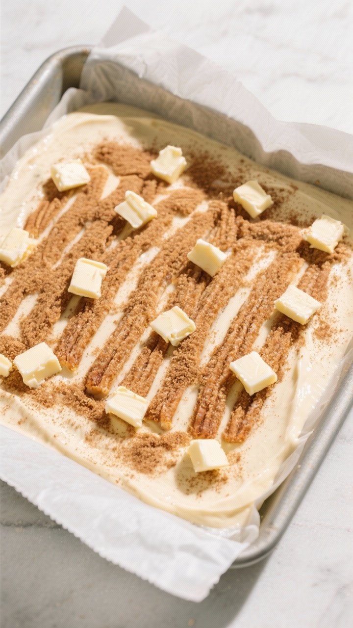 Cooking process: Overhead shot of the batter in an 8-inch square parchment-lined pan right after the